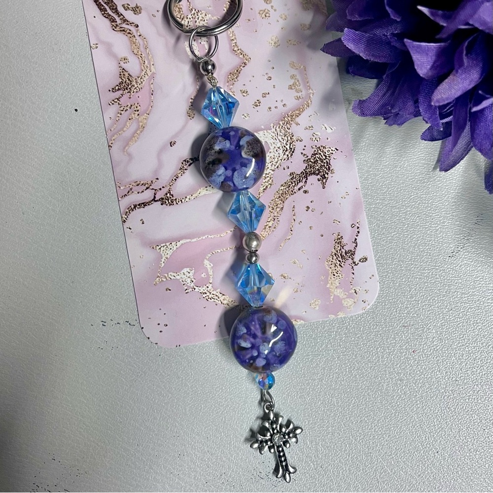 Handmade Keychain in Purple and Blue Beads with Cross Charm; NWT!